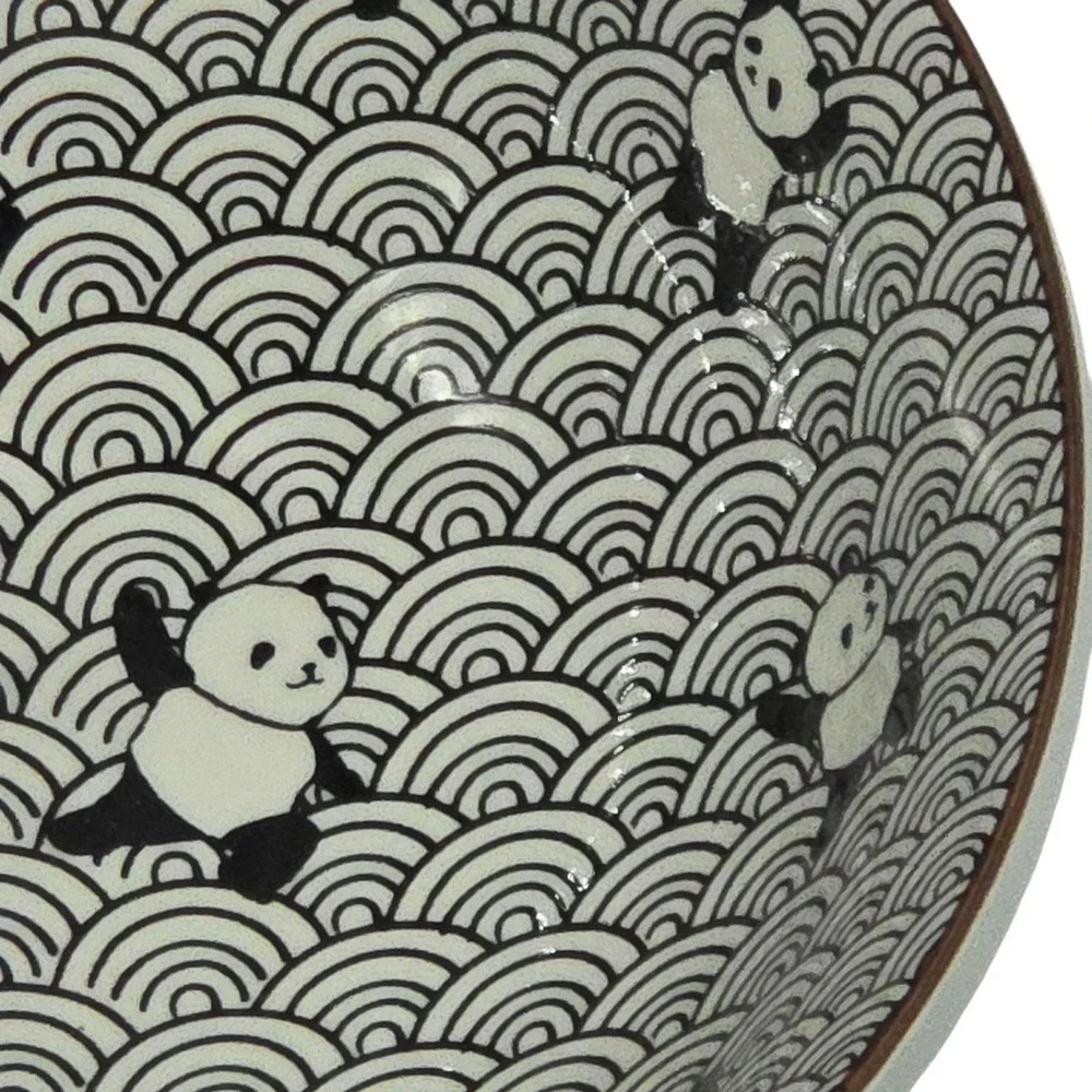 SH Home Black Panda Waves Ceramic Ramen Noodle Bowl Set of 2 Chopsticks & Spoons